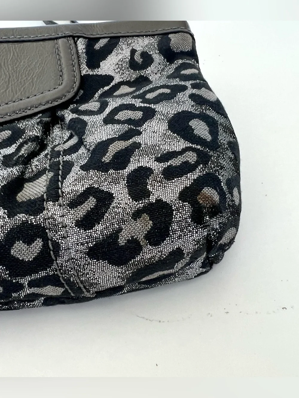 COACH Taupe Patent Leather Black Silver Leopard Print Zipper Clutch Wristlet